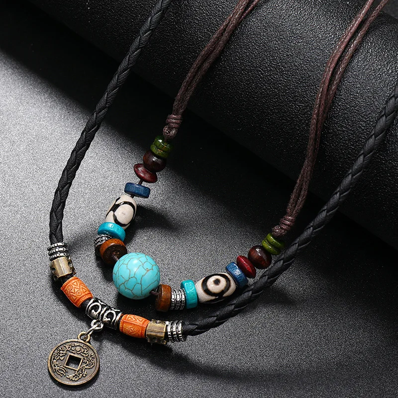 

Men 2 Layers Leather Rope Necklace Vintage Fashion Retro Creative Coin Decor Pendant Charm Wax Rope Faux Leather Jewelry