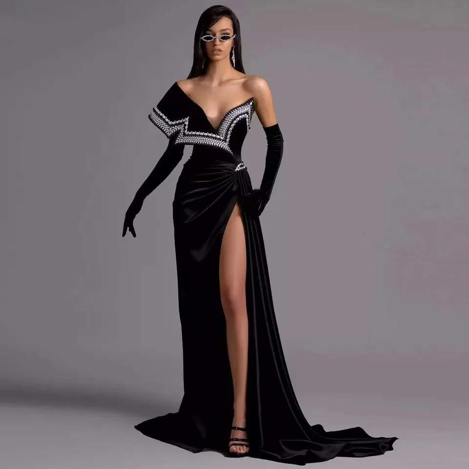 

Vinca Sunny Asymmetric Velour Prom Dress Pearls High Slit Pageant Dress Mermaid Black Velvet Evening Gown Robe de Soiree 2023