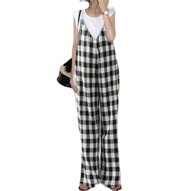 

Japanese Fashion Women Jumpsuit Thin Soft Summer Black White Checked Strap Overalls Loose Large Hem