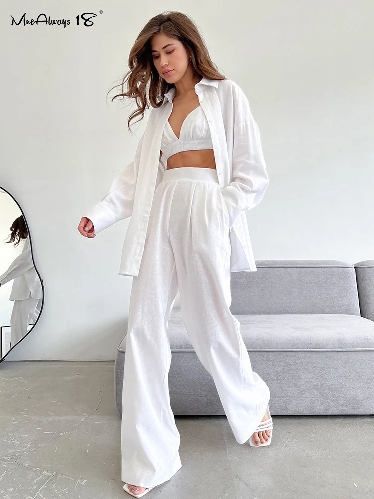 

Mnealways18 Linen 3 Pieces Women Set Oversized Shirt With Camisole And Pants High Waist Trousers Suit Loose Casual Female Sets