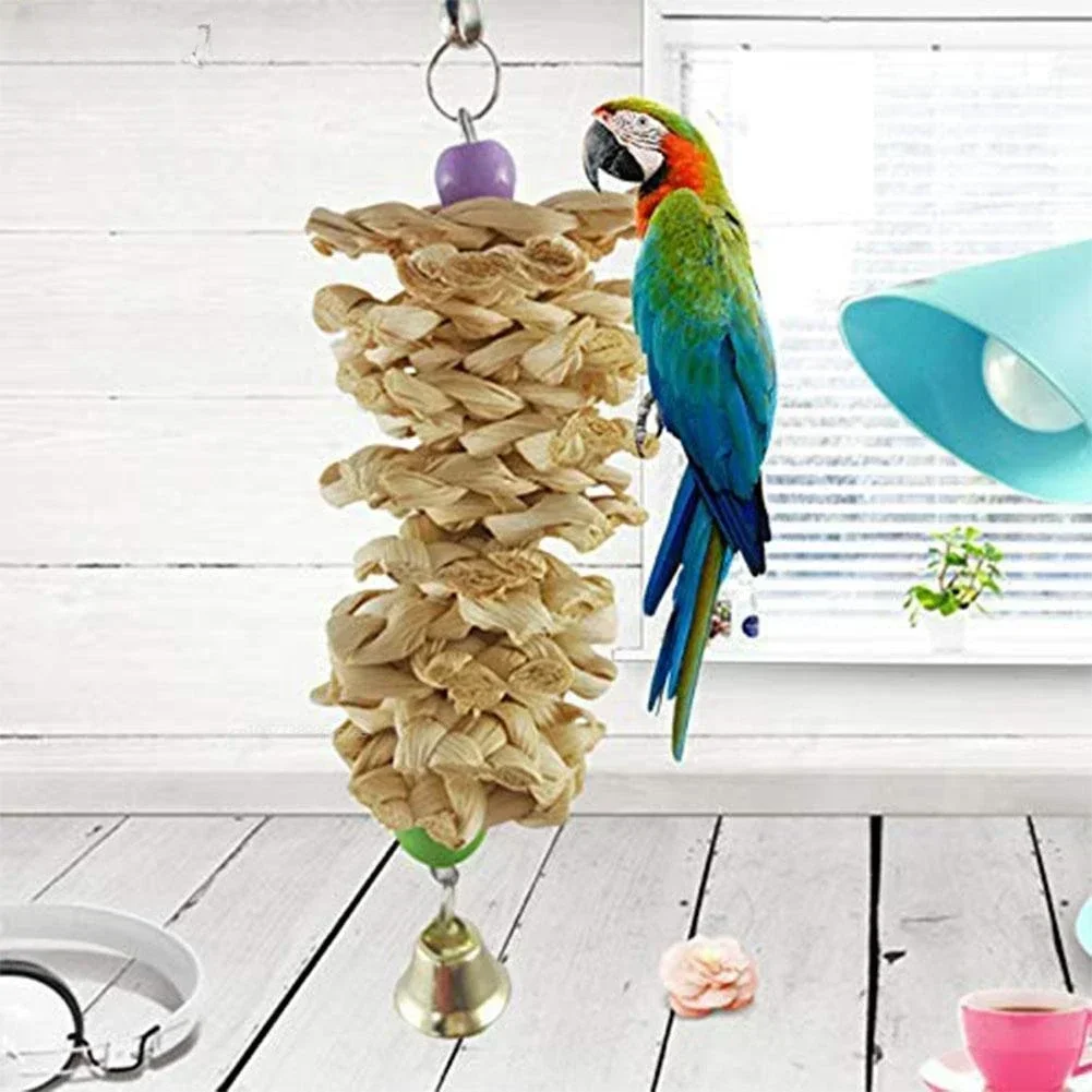 

1pcs Bird Parrot Toy with Bell Natural Wooden Grass Chewing Bite Hanging Cage Swing Climb Chew Toys Bird Toys for Cage Pet Toys