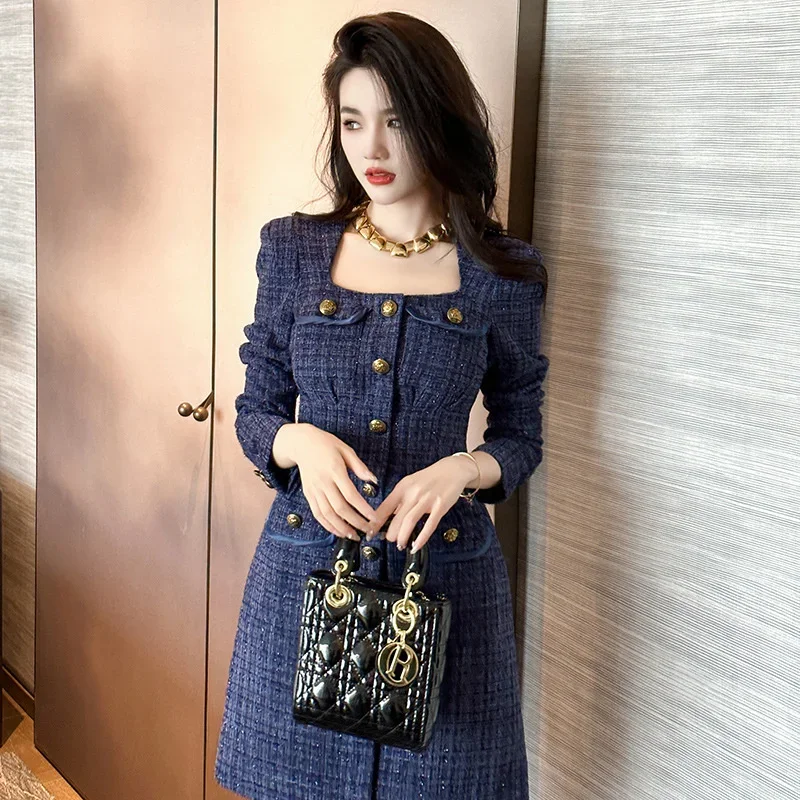 High Street New Arrival Fashion 2024 Women Fall Winter Square Collar Long Sleeve Metal Button Lurex Tweed Slim Waist Blue Dress
High Street New Arrival Fashion 2024 Women Fall Winter Square Collar Long Sleeve Metal Button Lurex Tweed Slim Waist Blue Dress