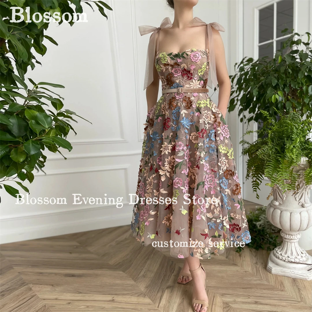 

Spaghetti Strap Floral Appliques Prom Dresses A-line Sleeveless Sash Evening Dresses Korea Garden Party Gown vestidos De