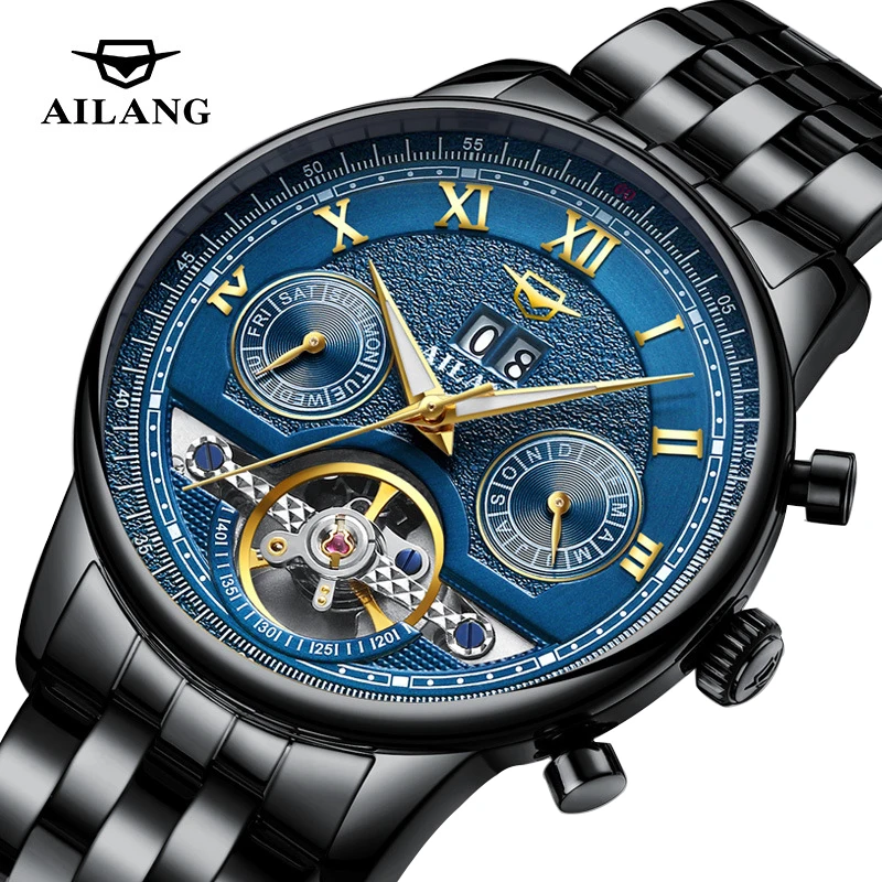 

AILANG Men Watch Fashion Tourbillon Automatic Mechanical Watch Black Steel Band Waterproof Watch Luxury Personalized Clock Reloj