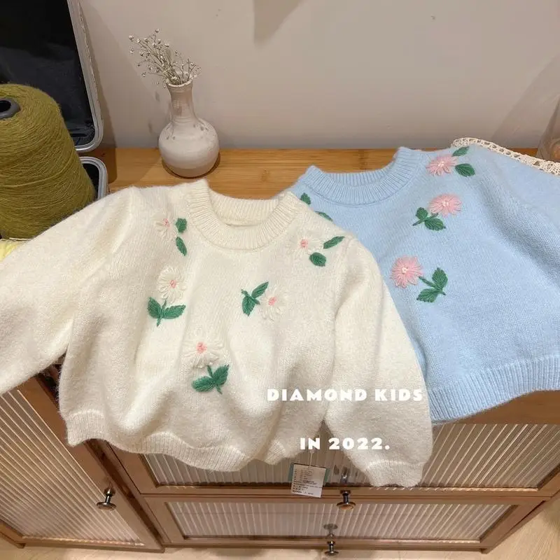 

Korean Style Autumn Winter Baby Girls Knitted Sweaters Beige Blue Flower Print Pullover Shirts Warm Kids Tops Outwears