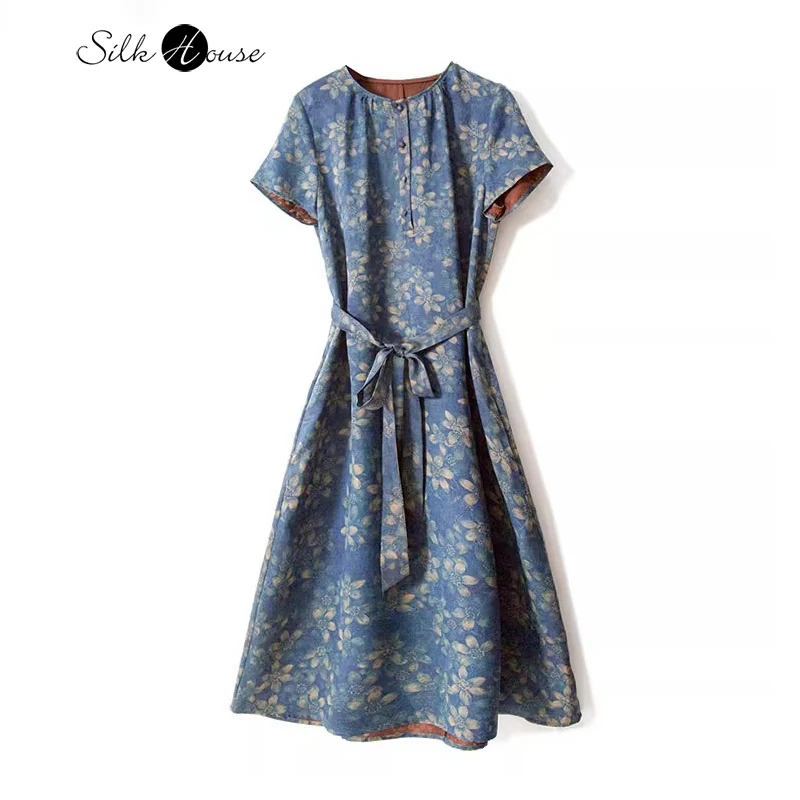 

2024 Women's Fashion Spring/Summer New 100%Natural Mulberry Silk Fragrant Cloud Yarn Blue Fragmented Flower Short Sleeved Dress