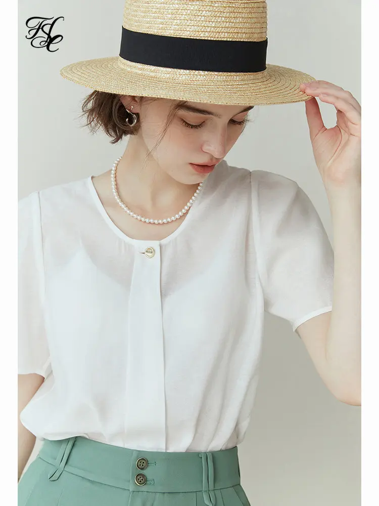 

FSLE French Style Fresh Solid Color Light Shirt for Women Commuting Casual Simple Short-sleeved Top Office Lady Summer New