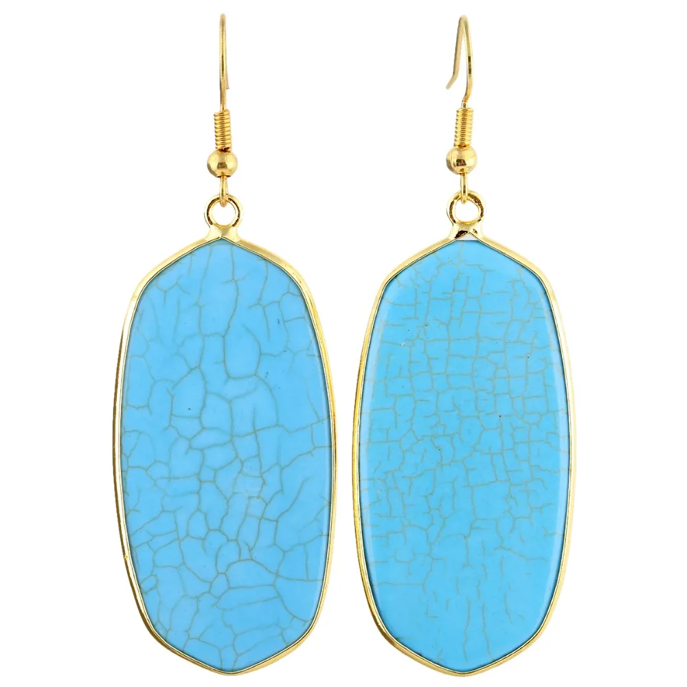 

TUMBEELLUWA Blue Howlite Stone Oval Dangle Drop Charm Gold Color Hooking Earrings Jewelry For Women