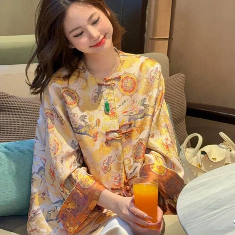 

New Chinese Women's Clothing National Style Knot Button Top Yellow Jacquard Song Dynasty Brocade Coat