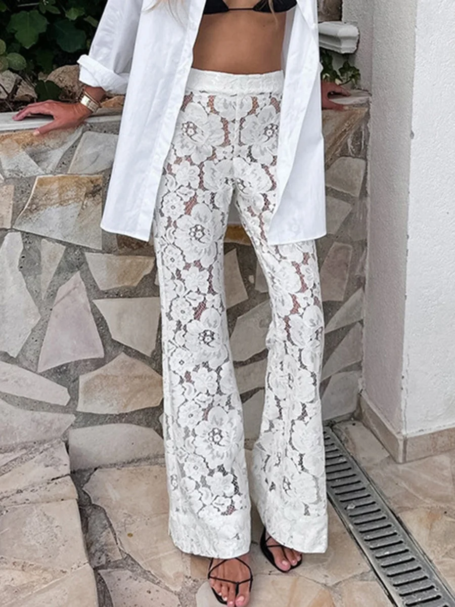 

Lace Jacquard Flare Pants Women High Waist Slim Flower Hollow Out Sheer White Trouser 2024 Summer New Beach Holiday Casual Pant