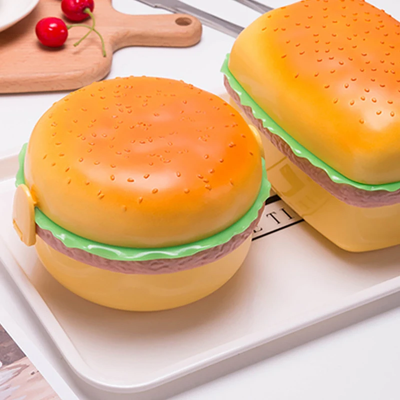 

1pc Hamburger Lunch Box Double Tier Cute Burger Bento Box Microwave Children School Food Container Fork Tableware Set