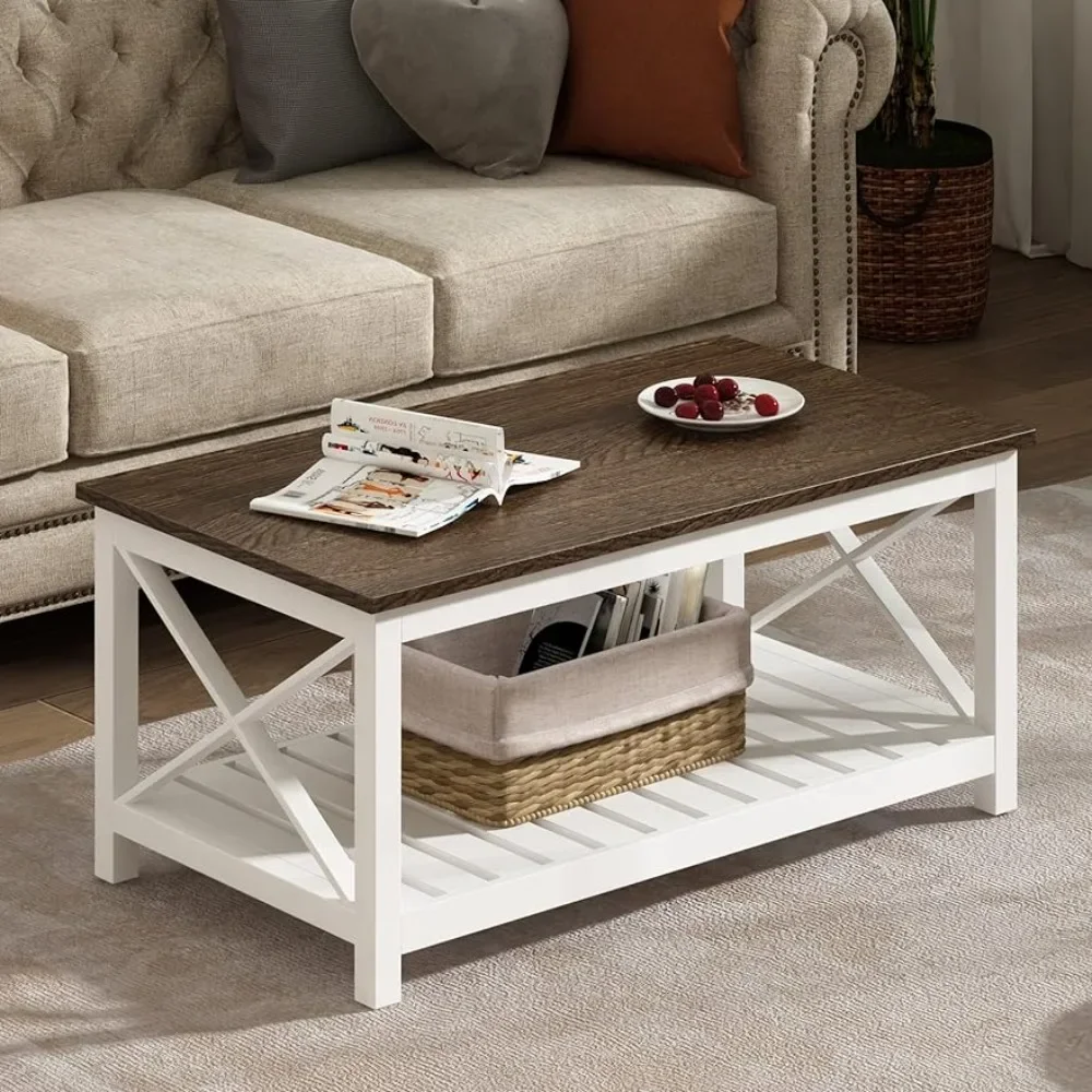 

Coffee Table Vintage Finish White Rustic Farmhouse Table With Shelf for Living Room Round Coffee Tables Free Shipping Furniture