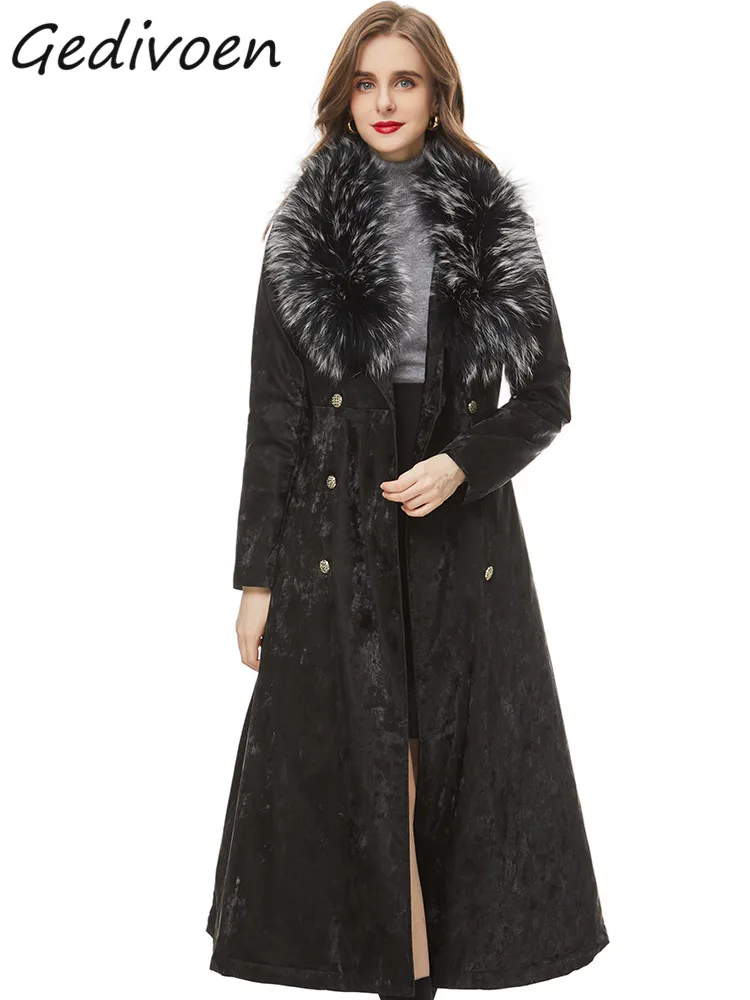 

Gedivoen Winter Fashion Runway Black Vintage Velvet Trench Coat Women Lapel Button Frenulum Gathered Waist Slim Long Trench Coat