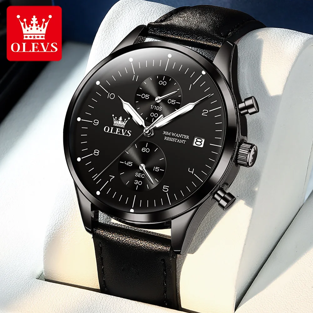 

OLEVS Mens Watches Top Brand Luxury Chronograph Quartz Watch for Men Leather Waterproof Luminous Date Fashion Male Wristwatch