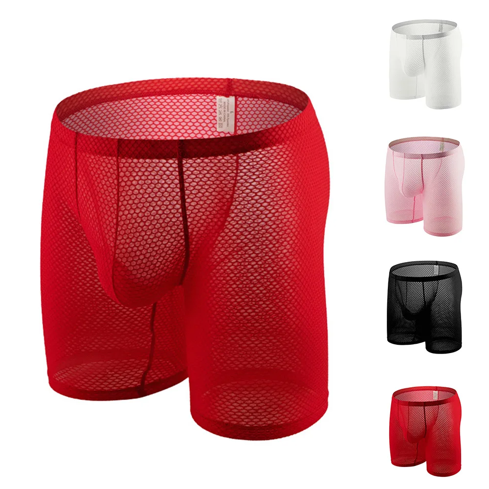 

Mens Boxer Sexy Mesh See-Through Shorts Long Legs Trunks Underwears U Convex Pouch Boxers Undies Arrow Panties Briefs