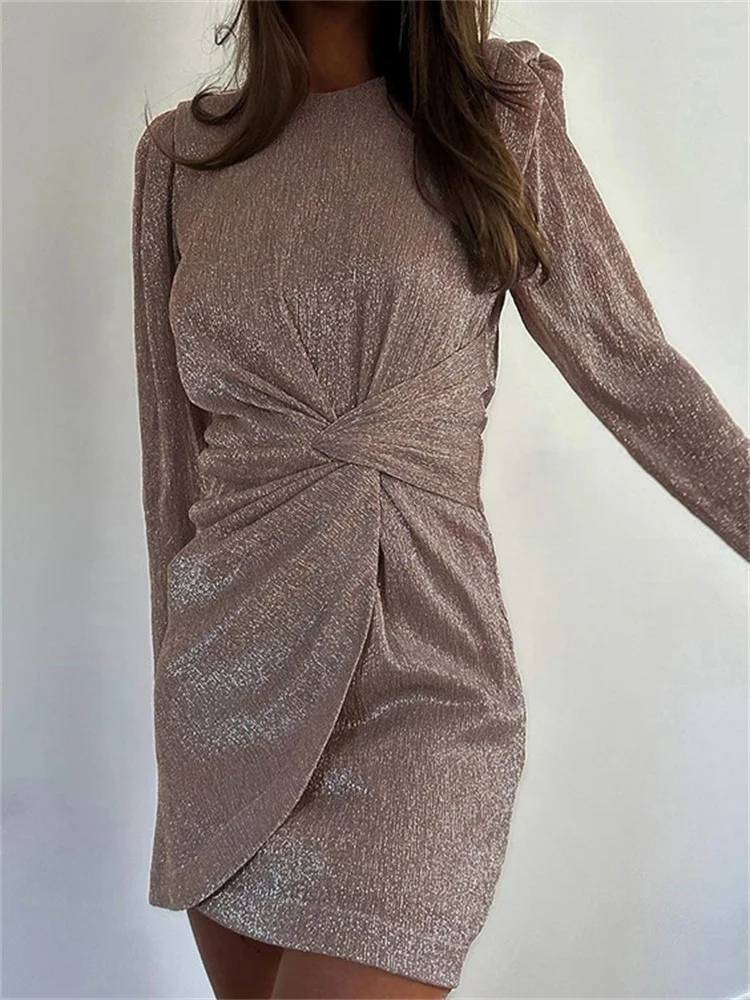 

Tossy Twist Elegant Fashion Mini Dress Female Pleated Summer Long Sleeve Patchwork Solid Zipper Glitter Women Sexy Dress 2024