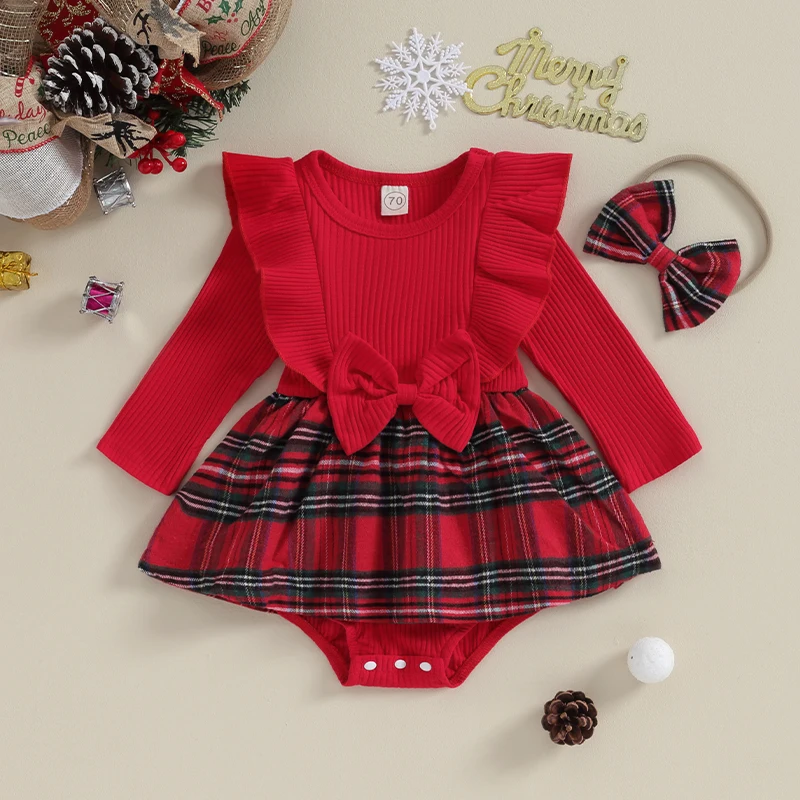 

2023-08-04 Lioraitiin 0-24M Newborn Baby Girl Clothes Ribbed Romper Dress Ruffle Long Sleeve Jumpsuit Headband Christmas Outfit