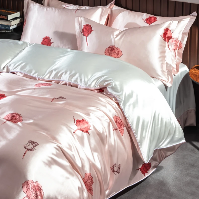 

Red Rose Printing Bedding Set Queen King Size Pink White Silky Soft Satin Duvet Cover Bed Sheet Pillowcases Mattress Cover