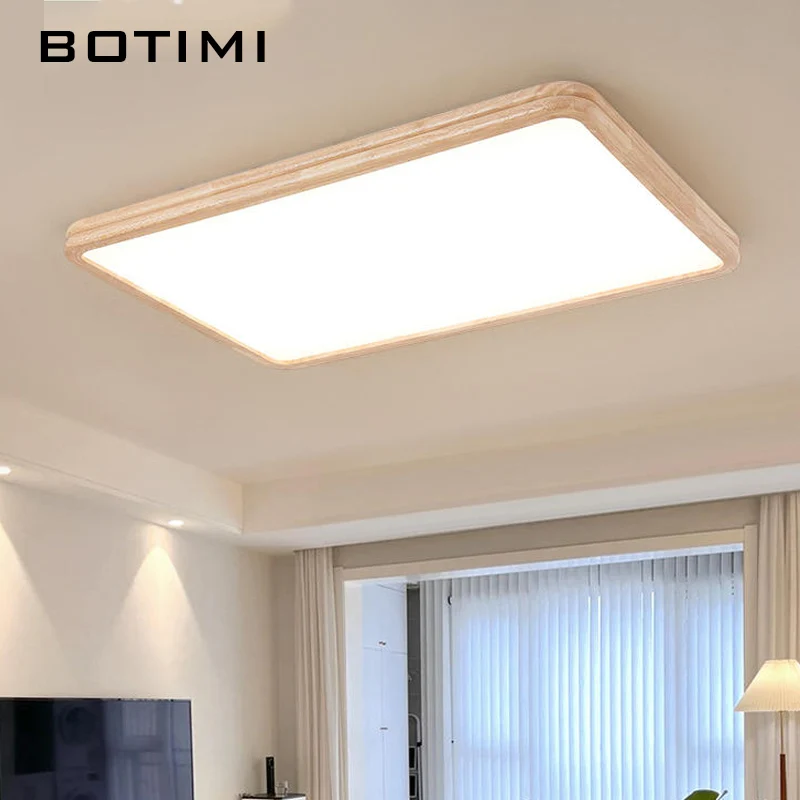 

BOTIM Solid Wood Remot LED Ceiling Light For Living Room Modern Wooden Surface Mounted Bedroom Lighting Round Rooms Ceiling Lamp