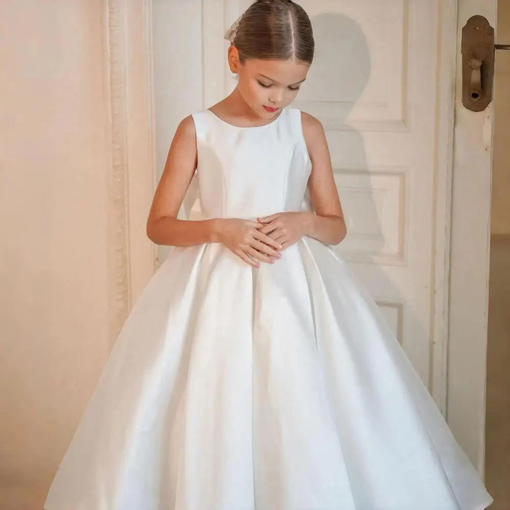 

Элегантное Белое Цветочное платье для девочек, Свадебное Атласное Бальное Платье на бретельках с бантом, детское платье на день рождения и Первое причастие