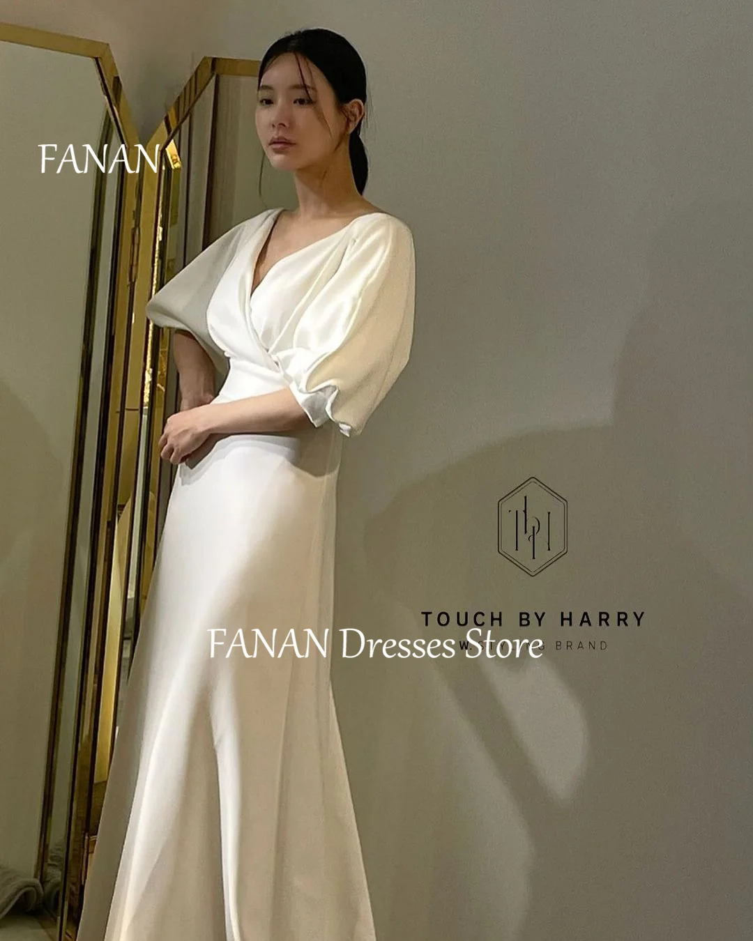 

FANAN Deep V-Neck Korea Wedding Dresses Puff Sleeves 웨딩드레스 Sexy Ivory Satin Sheath Elegant Custom Made Bride Gowns Plus Size