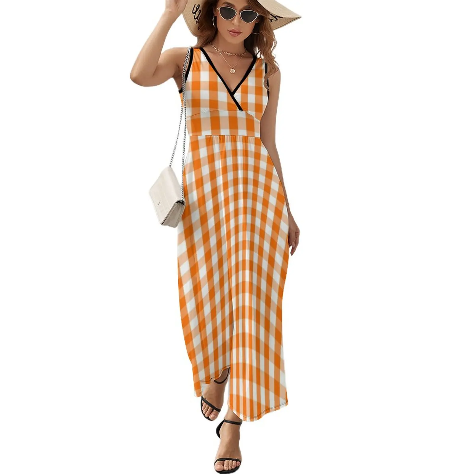 

Classic Pumpkin Orange and White Gingham Check Pattern Sleeveless Dress summer dress woman 2023 party dresses women