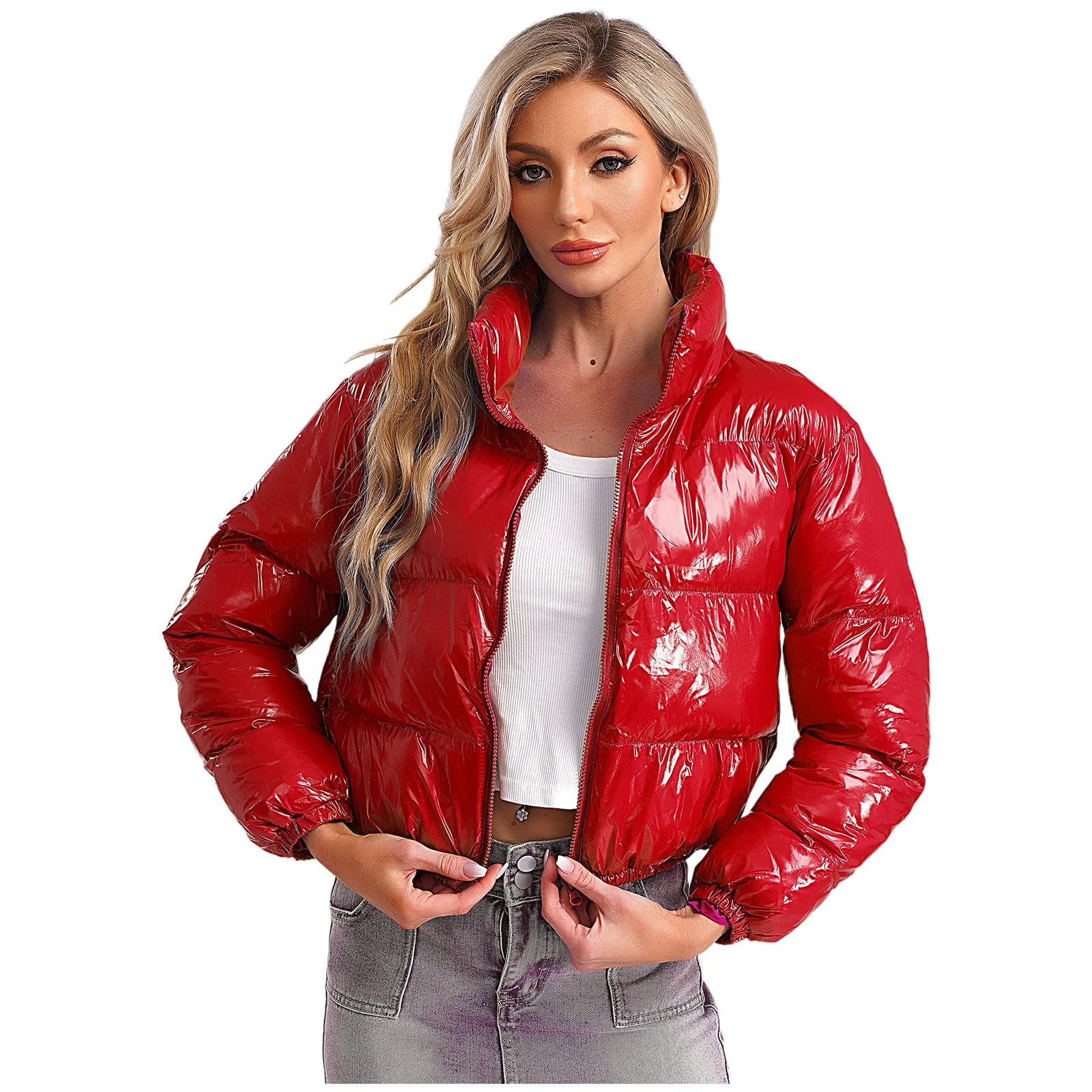 Women's Metallic Glossy Puffy Padded Jacket Quilted Outerwear Coat with Zipper Winter Stand Collar Outdoor Streetwear Women's Metallic Glossy Puffy Padded Jacket Quilted Outerwear Coat with Zipper Winter Stand Collar Outdoor Streetwear