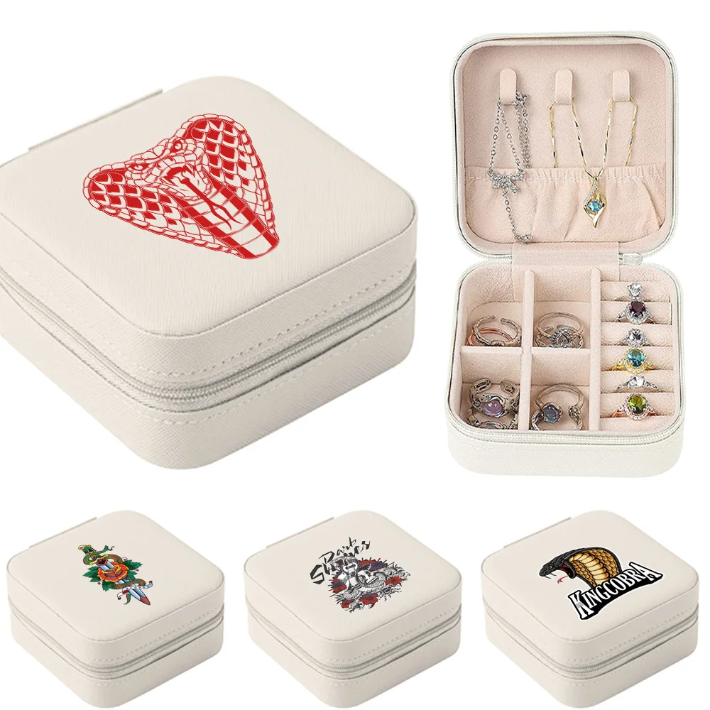 

Small Jewelry Box Travel Jewelry Organizer Display Portable Leather Jewelry Zipper Case Boxes Cobra Print Earrings Necklace Ring