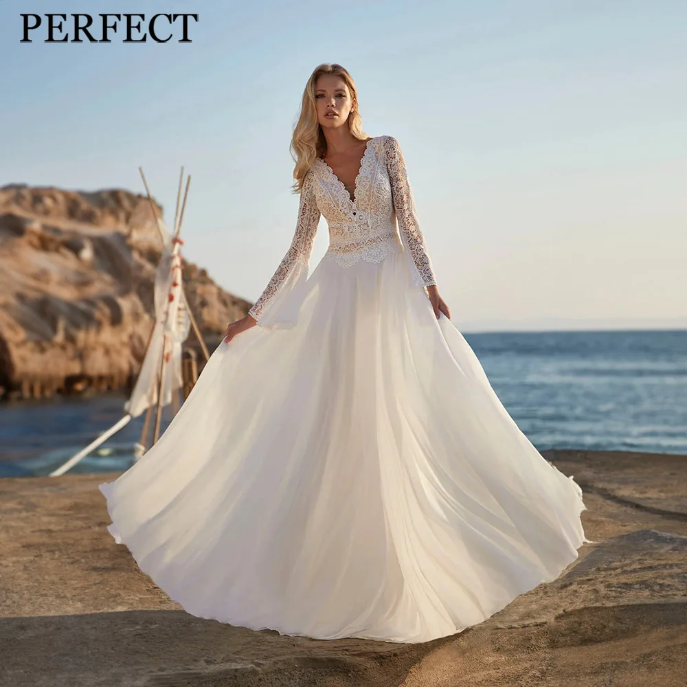 PERFECT Elegant Wedding Dresses For Woman A-line V-Neck Open Back Lace Chiffon Full Sleeves Bridal Gowns Robe De Mariée
PERFECT Elegant Wedding Dresses For Woman A-line V-Neck Open Back Lace Chiffon Full Sleeves Bridal Gowns Robe De Mariée
