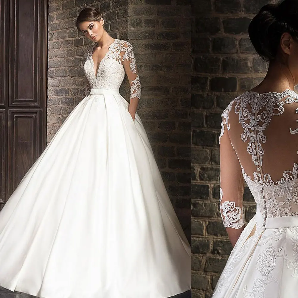 Challoner Princess Satin Wedding Dresses V-Neck Long Sleeves Bridal Ball Gowns Lace Appliques Vestido De Novia Court Train New
Challoner Princess Satin Wedding Dresses V-Neck Long Sleeves Bridal Ball Gowns Lace Appliques Vestido De Novia Court Train New