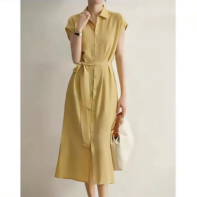 French Style Elegant Temperament Crepe De Chine Silk Dress Light Yellow Dress Summer New Shirt Collar Mulberry Silk Shirt Dress
French Style Elegant Temperament Crepe De Chine Silk Dress Light Yellow Dress Summer New Shirt Collar Mulberry Silk Shirt Dress