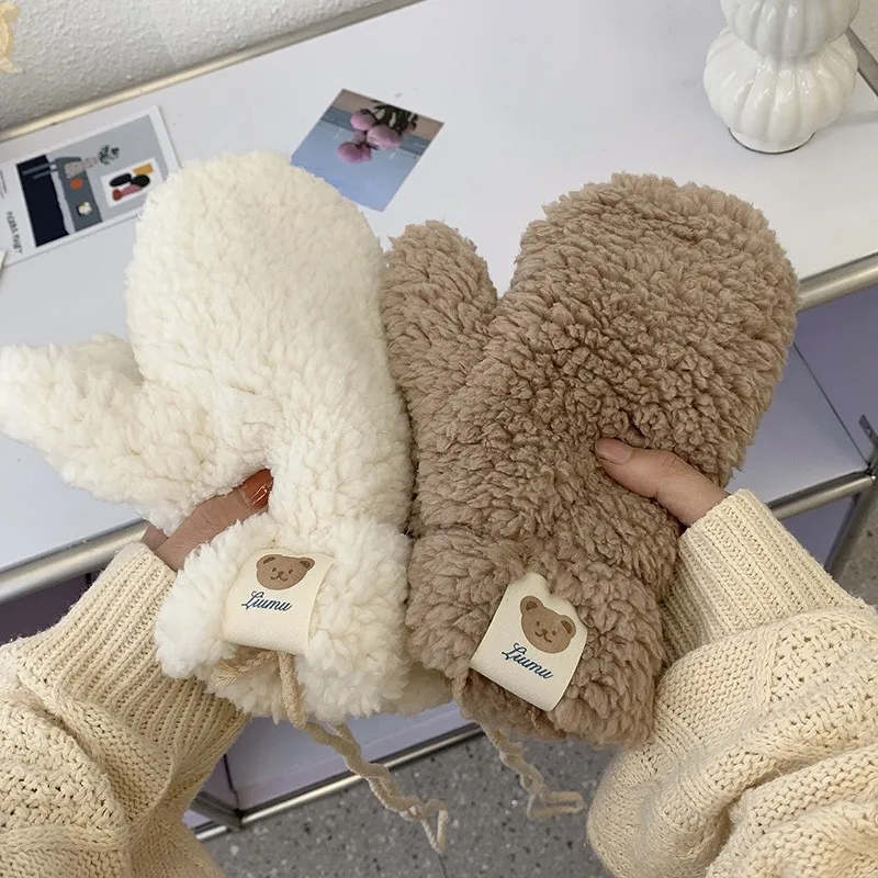 

Soft Plush Winter Thick Warm Fingerless Gloves Girls Korean Japanese Solid Color Glove With Ropes Casual Outdoor Riding Mittens