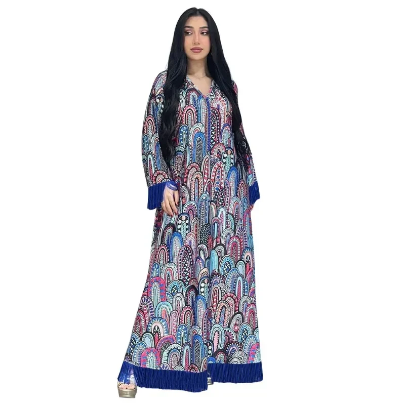 

Saudi Arab Fashion Printing Tassel Patchwork Long Sleeve Casual Losse Abaya Moroccan Dubai Daily Party Women Dress