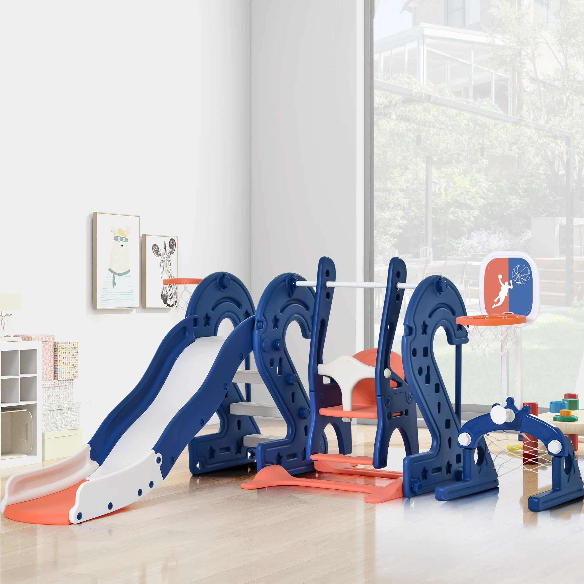 Toddler Slide and Swing Set 6 in 1, Kids Playground Climber Playset with Soccer Goal, 2 Basketball Hoops, Ring-Toss Game, Indoor
Toddler Slide and Swing Set 6 in 1, Kids Playground Climber Playset with Soccer Goal, 2 Basketball Hoops, Ring-Toss Game, Indoor