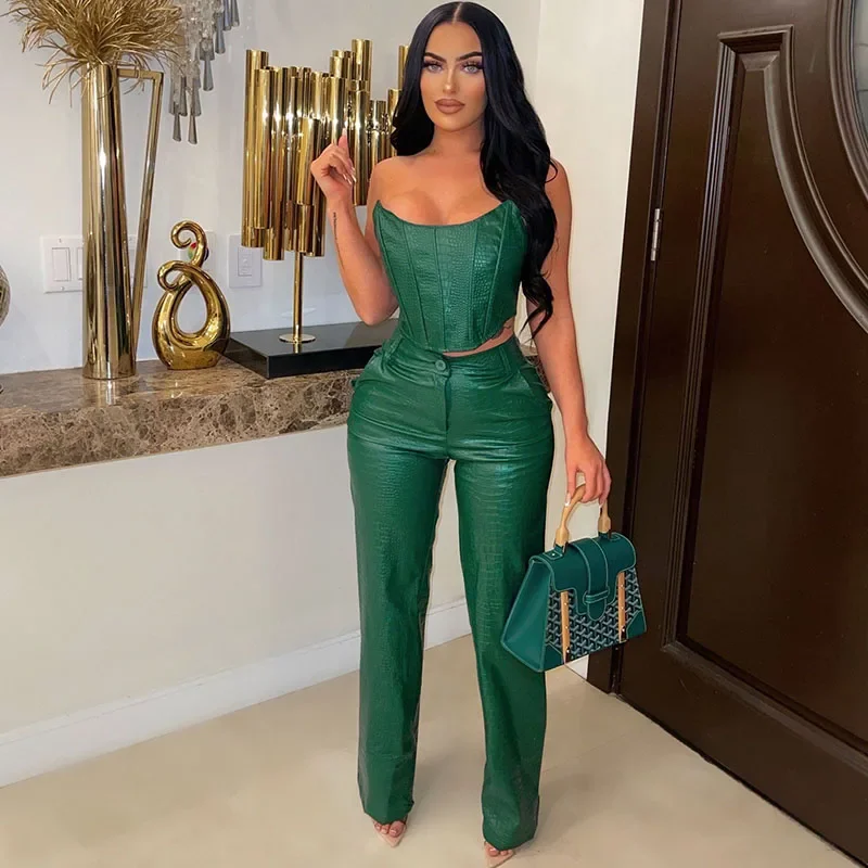 PU Leather 2 Piece Sets Women Outfit 2023 Sleeveless Tube Strapless Crop Top and Wide Leg Pants Suit Birthday Night Club Outfits
PU Leather 2 Piece Sets Women Outfit 2023 Sleeveless Tube Strapless Crop Top and Wide Leg Pants Suit Birthday Night Club Outfits