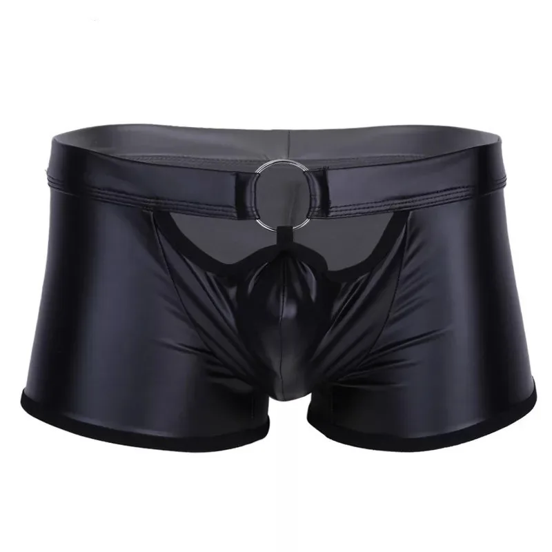 

Pu Leather Boxer Trunks Men Front Hollow Out Underwear Bulge Pouch Underpants Soft Boxer Shorts Lingerie Male Panties Knickers