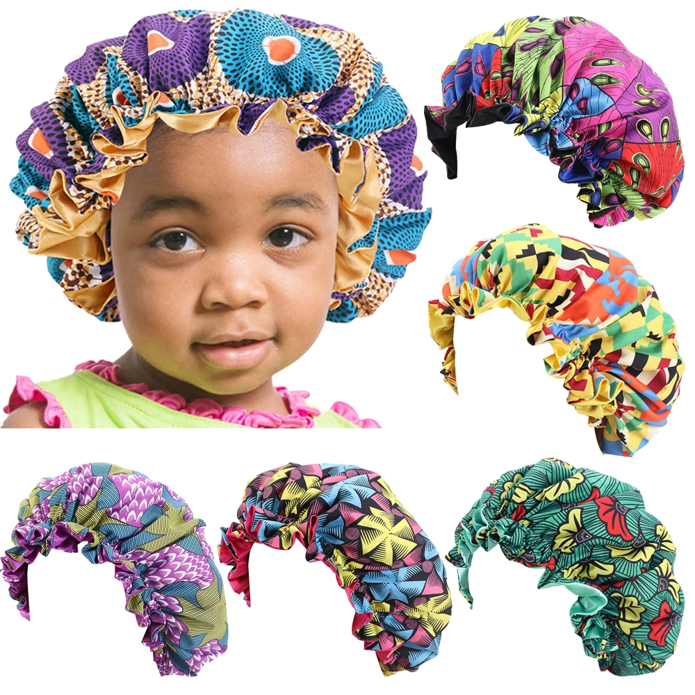 

African Floral Print Beanies Kids Girls Baby Bonnet Night Sleep Cap Stretch Headscarf Satin Turban Silk Hair Care Sleeping Hat