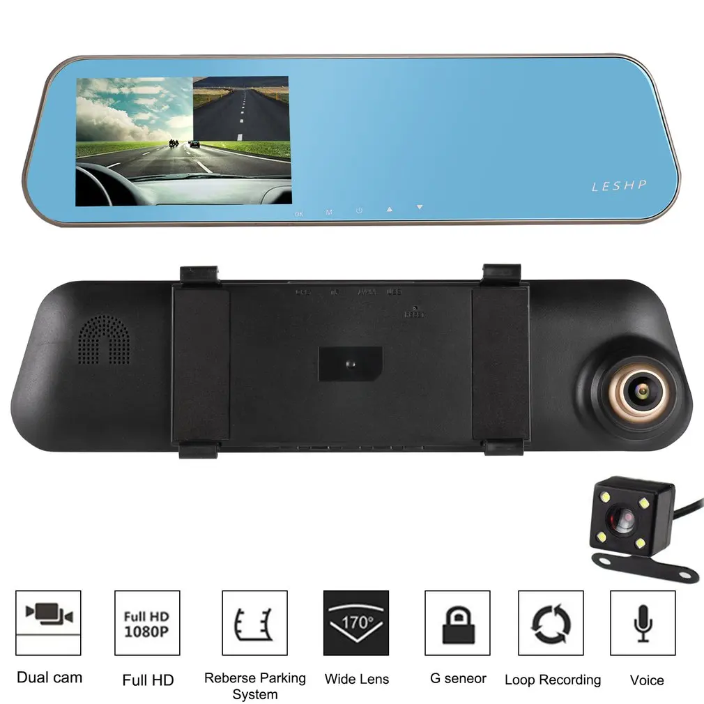 

Автомобильная камера, Автомобильный видеорегистратор 4,3 дюйма, ЖК-дисплей Full HD 1080P с двойным объективом, широкий угол обзора 170 градусов для автомобилей, видеорегистратор