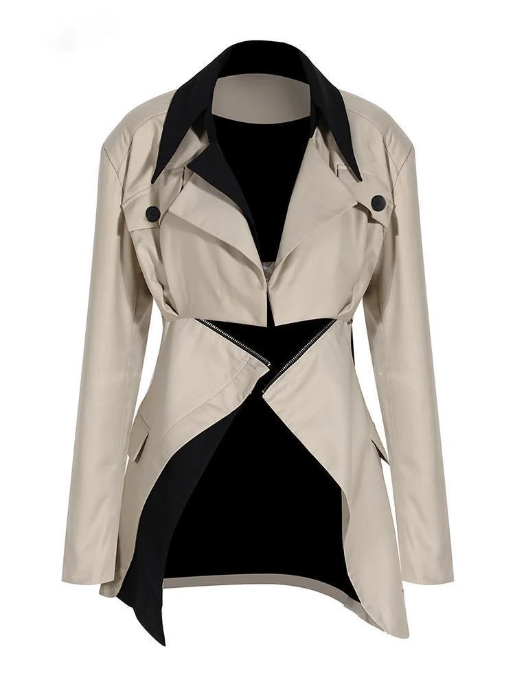 Loose Fit Khaki Two Ways Wear Irregular Jacket New Lapel Long Sleeve Women Coat Fashion Tide Spring Autumn O230
Loose Fit Khaki Two Ways Wear Irregular Jacket New Lapel Long Sleeve Women Coat Fashion Tide Spring Autumn O230