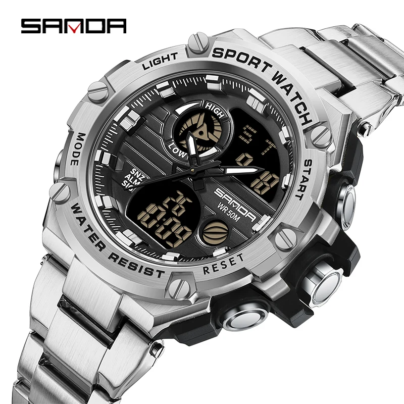 

SANDA Stainless Steel Electronic Sports Men Military Army Quartz Waterproof Wrist Watch Clock Digital Zegarek Męski Reloj Hombre