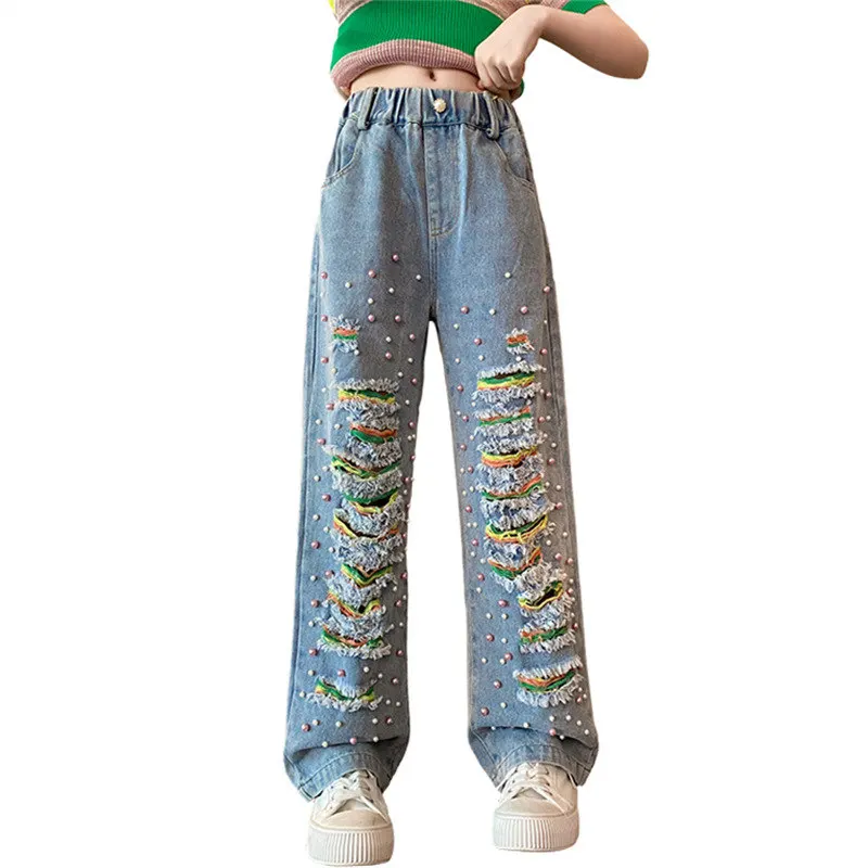 

High Quality Teenage Girl New Arrival Jeans with Pearl Ripped Hole Summer Fashion Wide Leg Pants Kids School Streetwear Trousers