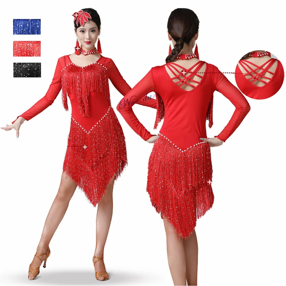 

2024 New Sexy Latin Dance Dress Women Mesh Sequin Fringe Competition Ballroom Tango Samba Rumba Salsa Latin Dress