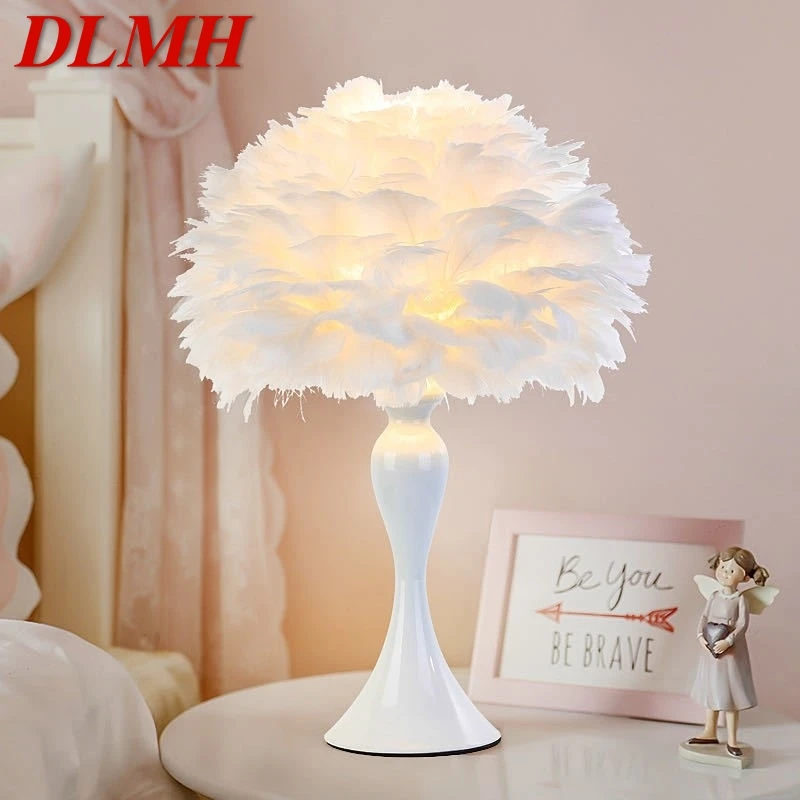 

DLMH Modern Table Lamp LED Creative Design Fashion White Feather Desk Light for Home Living Room Girl‘s Bedroom Bedside Decor