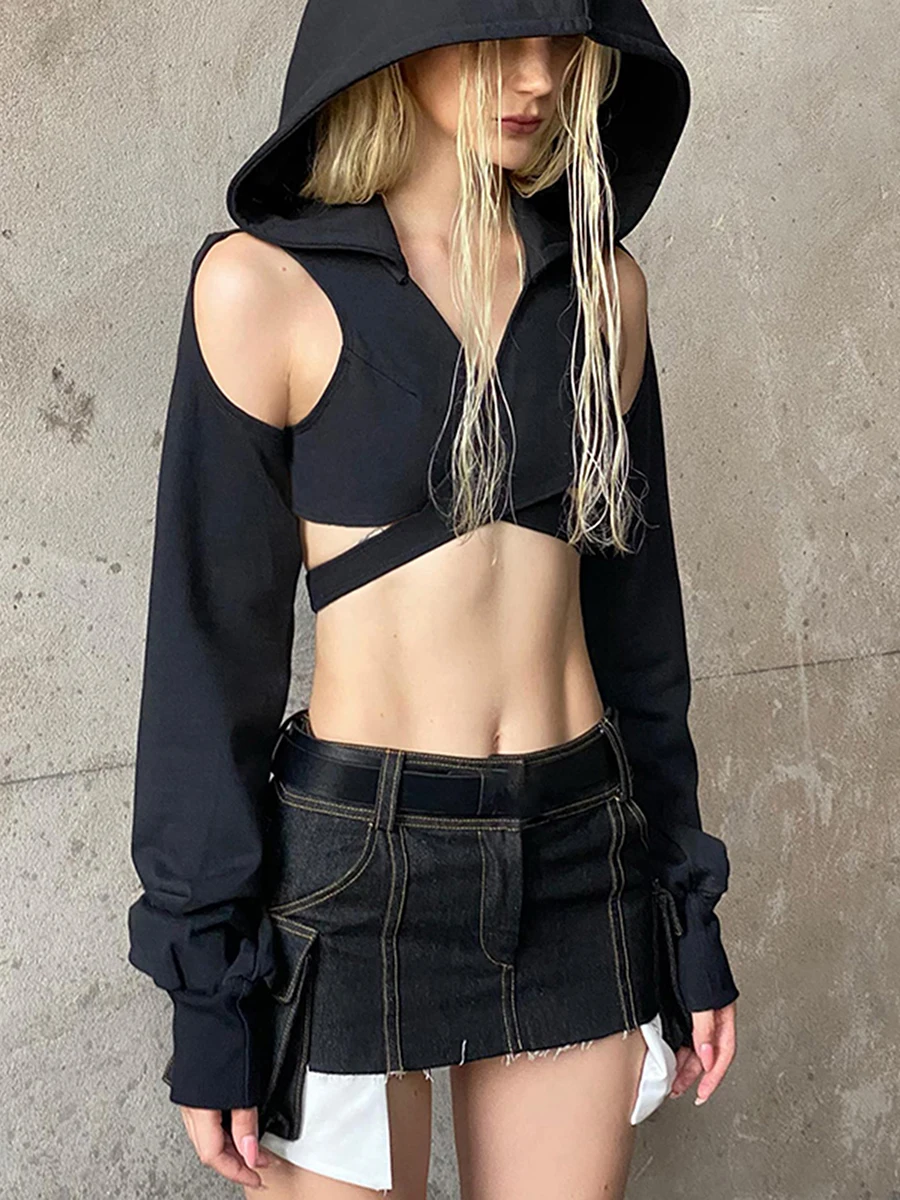 

Womens Gothic Hoodie Ruffle Shawl Collar Backless Cut Out Crop Top with Cape Hat Halloween Medieval Cosplay