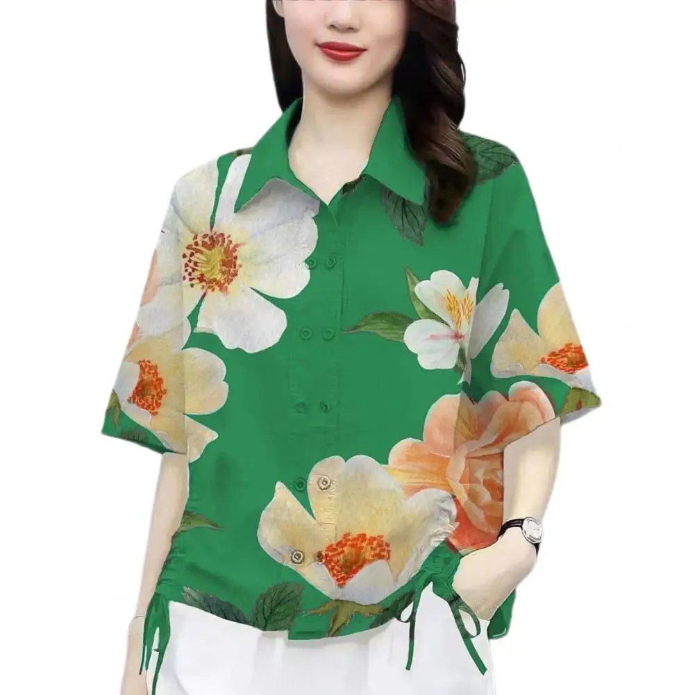 

Lapel Short Sleeve Blouse Floral Patterned Lapel Shirt for Women with Double Breasted Design Drawstring Detail Loose Fit Summer
