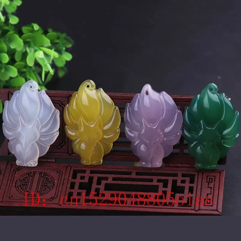 

Natural Multicolor Jade Nine-tailed Fox Pendant Agate Necklace Fashion Charm Jewellery Carved Chalcedony Amulet Gifts for Women