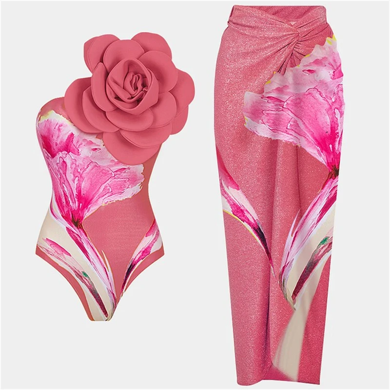 

Слитный купальник с цветочным принтом и юбка для женщин, купальник на одно плечо с 3D цветами, Женский Монокини, пляжный купальный костюм