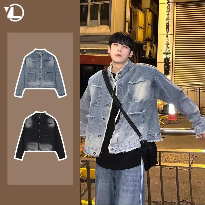 

2024 New Washed Denim Short Jacket Men Korean Fashion Street Trend Couple Outwear Casual Multi Pocket Bomber Cowboy Coats