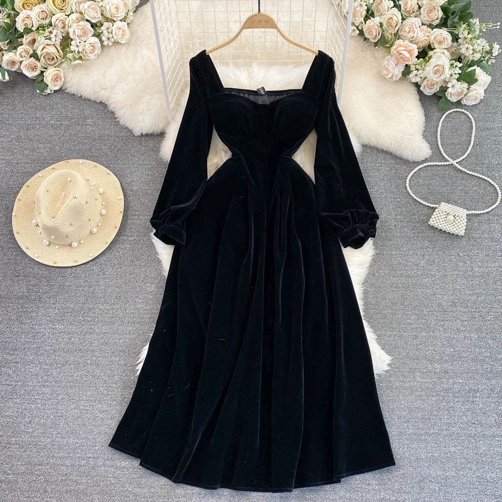 

ALPHALMODA 2024 Spring New Hepburn Style Women Vintage Velvet Dress Square Neck Puff Sleeves High Waist Elegant Dress