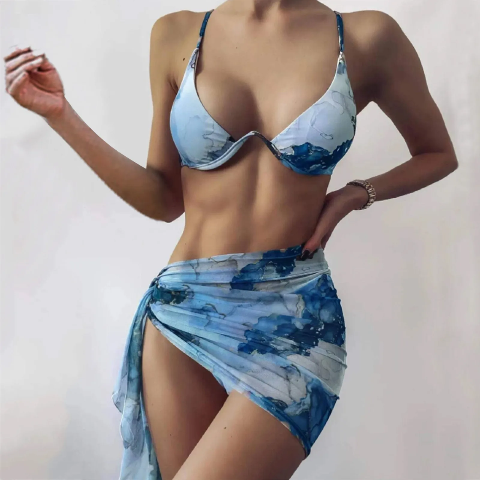 

Bikinis Color Women Up Swimsuit Up Beachwear -Print Swimwear With Cover Bikini Split 3pack Swimsuit Ladies Push Three-Piece